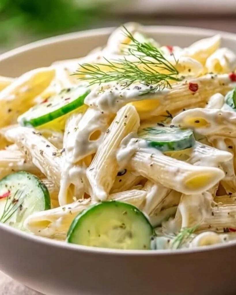 Delicious cucumber pasta salad topped with fresh herbs and colorful ingredients.