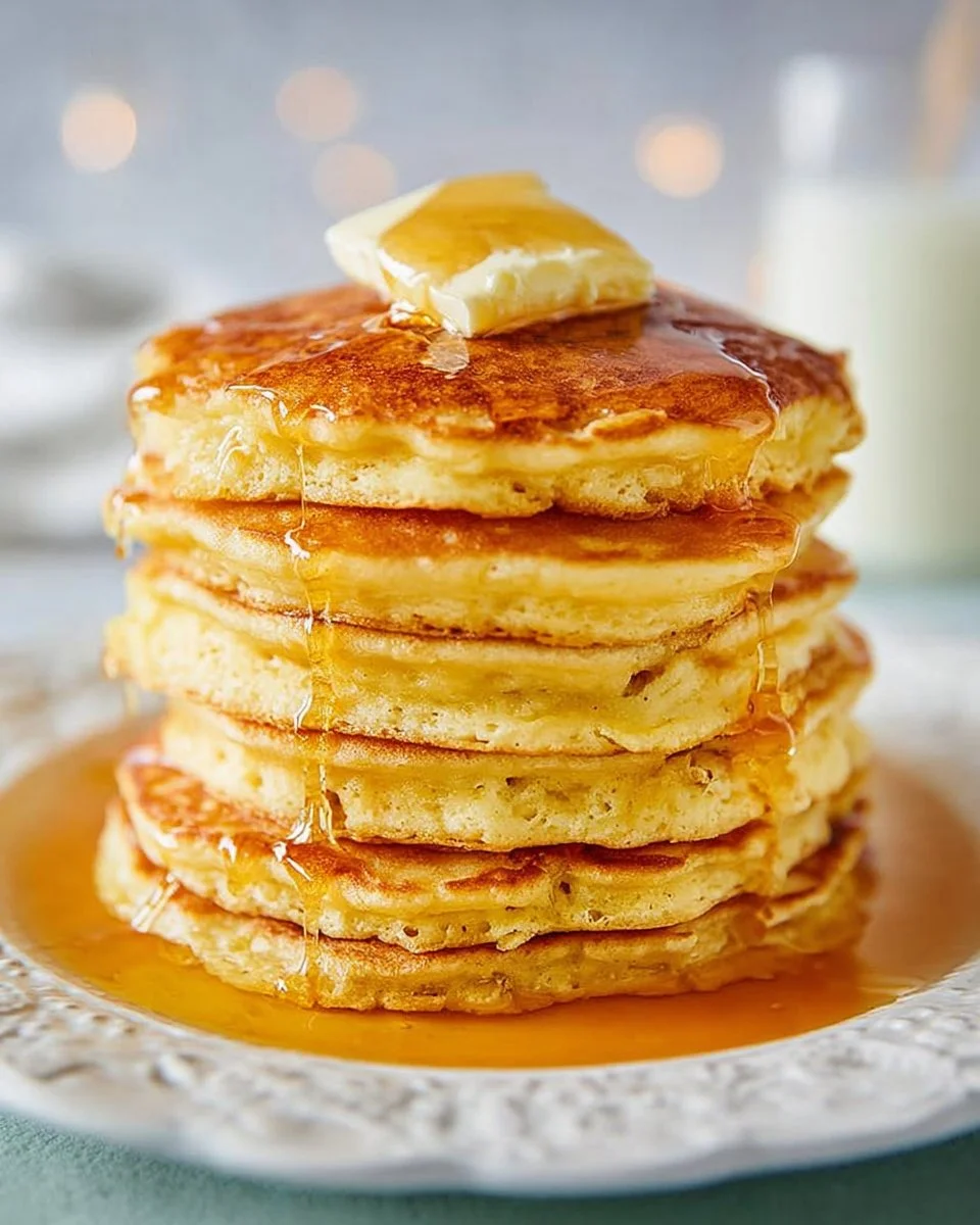 Fluffy pancakes stacked on a plate with syrup and berries