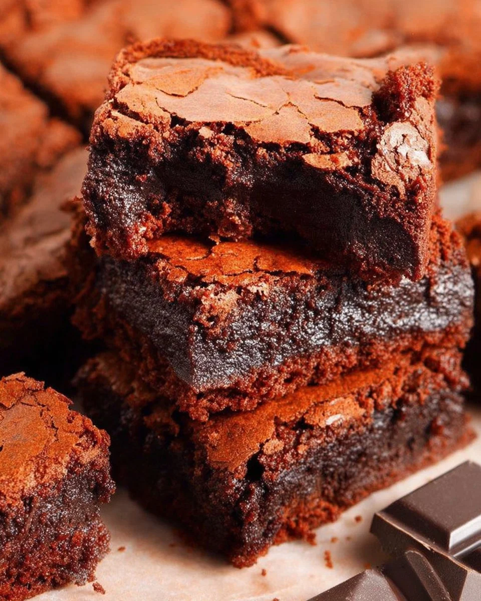 Delicious homemade brownies on a white plate with chocolate drizzle