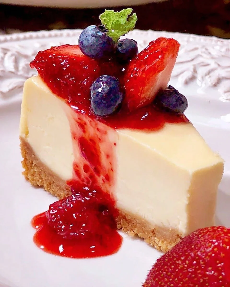 Deliciously creamy New York cheesecake topped with fresh berries