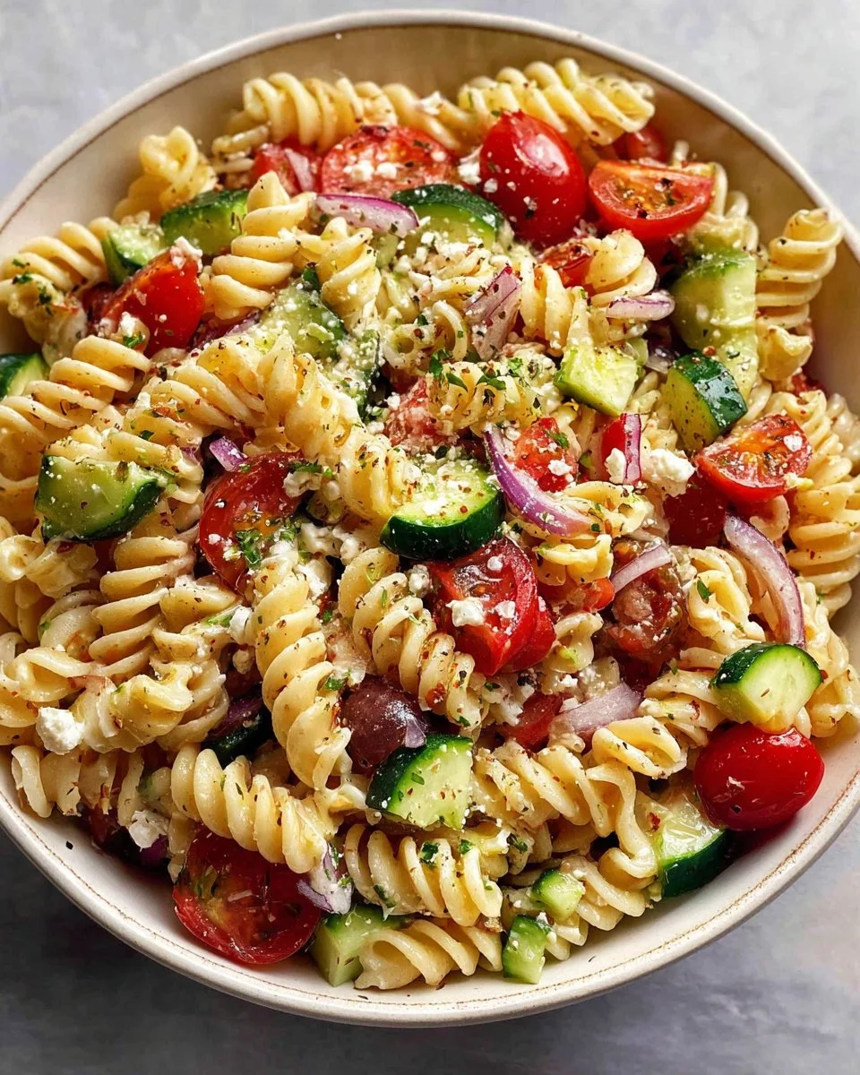 Colorful, heart-healthy pasta salad loaded with vegetables and protein.