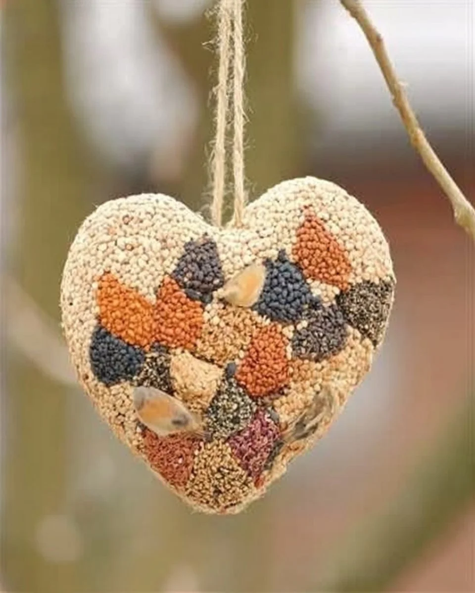 Colorful bird seed ornaments hanging from a tree attracting wild birds.