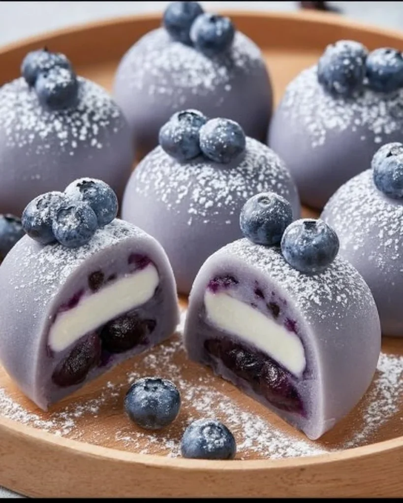 Blueberry Cream Mochi Buns - Soft and chewy, filled with creamy blueberry goodness.