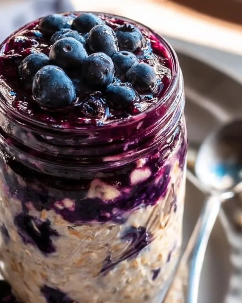 Bowl of blueberry pie overnight oats topped with fresh blueberries