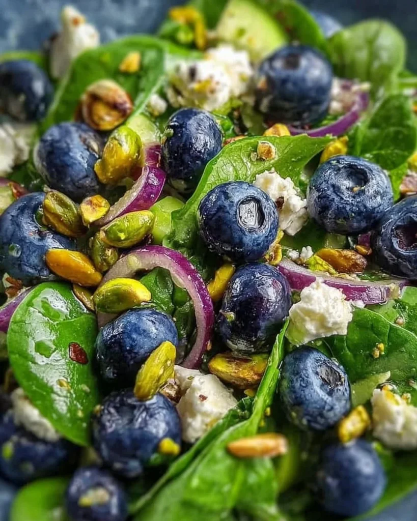 Blueberry Pistachio Spring Salad garnished with fresh greens and nuts