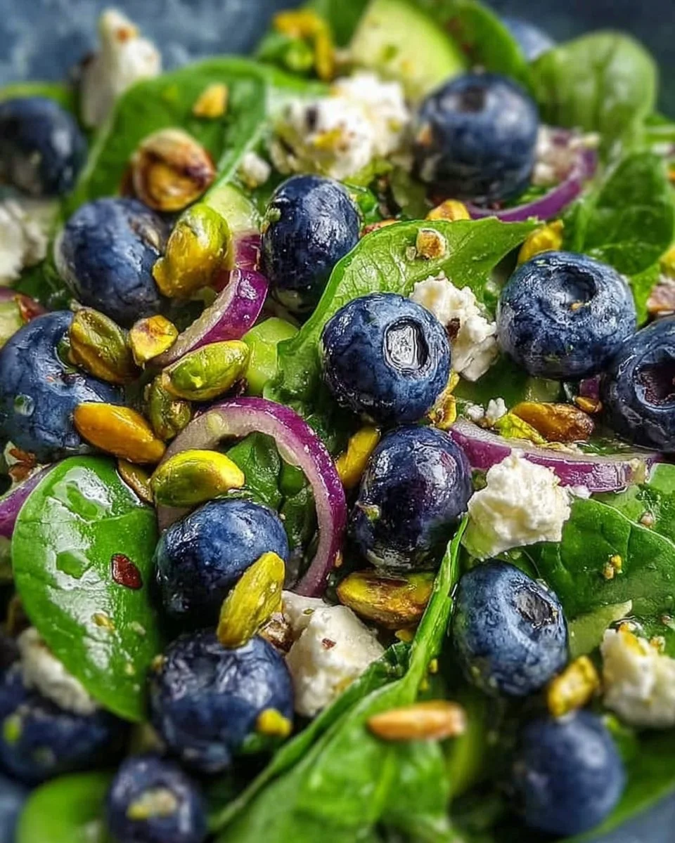 Blueberry Pistachio Spring Salad garnished with fresh greens and nuts