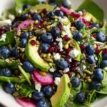 Fresh blueberry pistachio spring salad with seasonal greens and colorful toppings.
