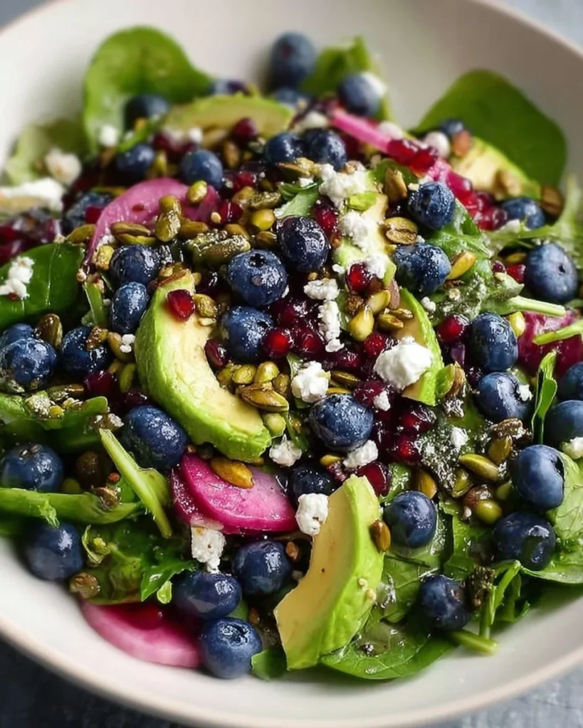 Fresh blueberry pistachio spring salad with seasonal greens and colorful toppings.