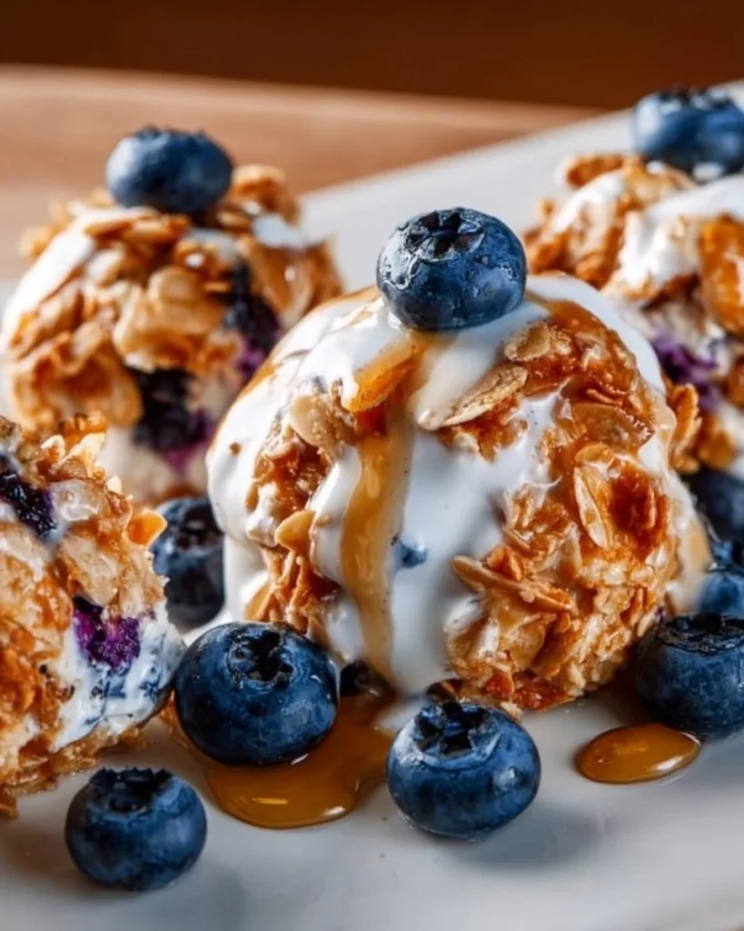 Delicious blueberry yogurt clusters showcasing crispy texture and creamy yogurt coating