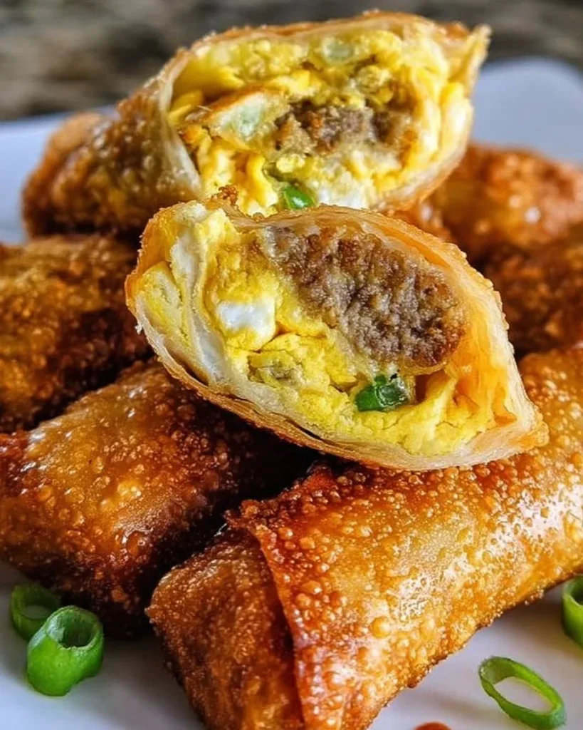 Delicious breakfast egg rolls filled with eggs, cheese, and vegetables.