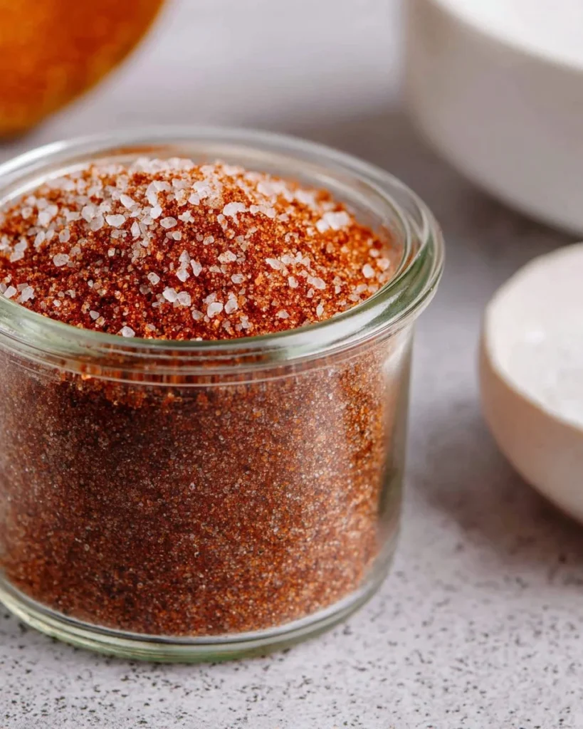 Homemade brisket rub seasoning on a cutting board with spices.