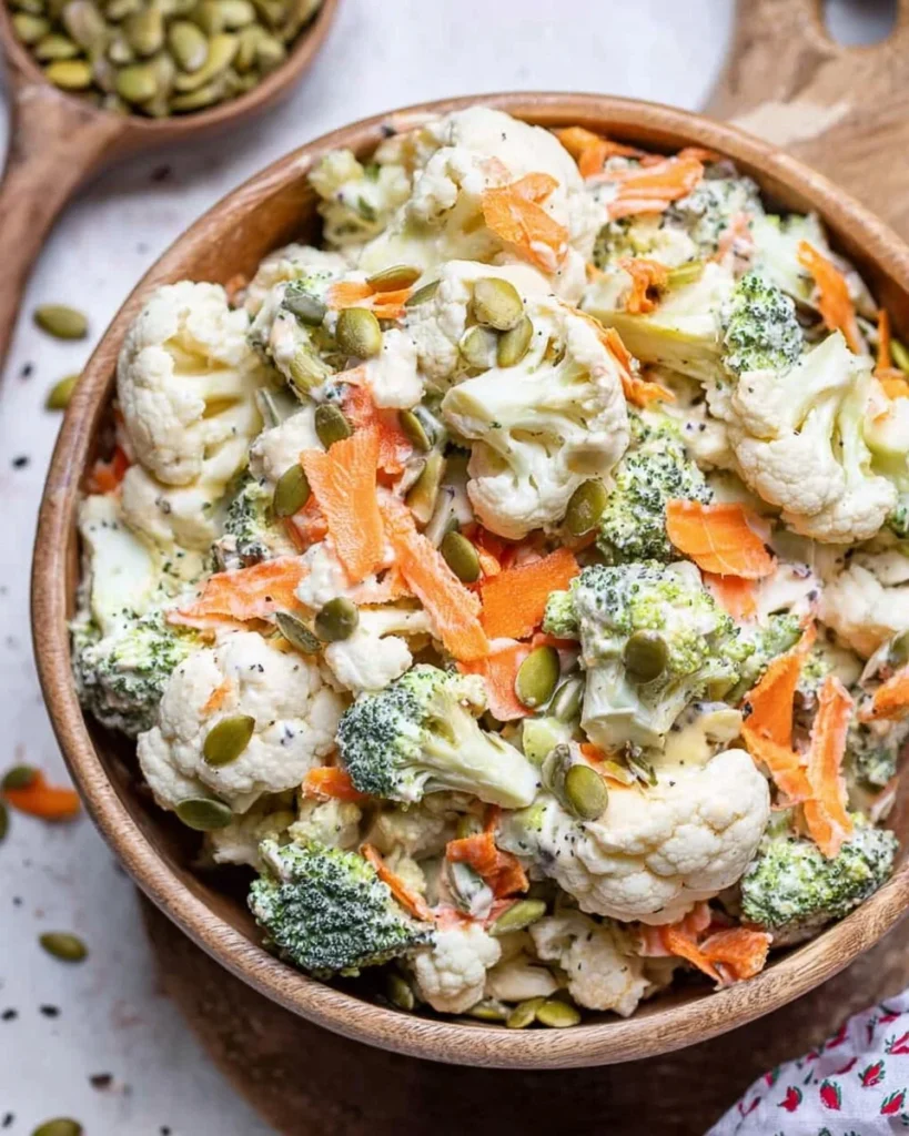 Creamy Broccoli Cauliflower Salad packed with protein, perfect for meal prep