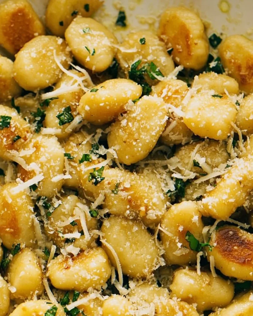 Plate of brown butter garlic fried gnocchi garnished with parsley