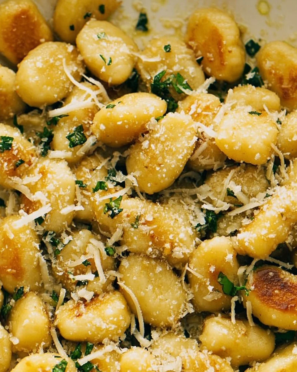 Plate of brown butter garlic fried gnocchi garnished with parsley
