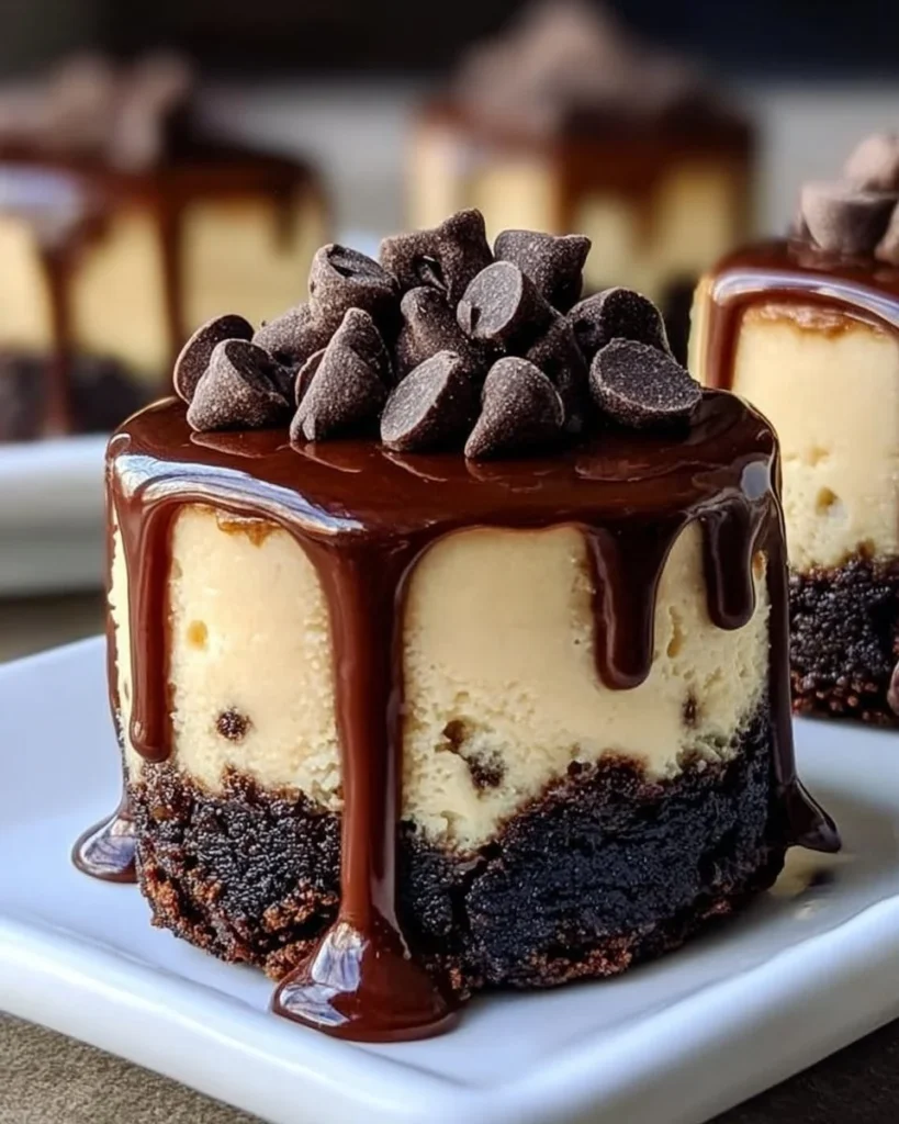 Brownie bottom mini cheesecakes topped with creamy filling and chocolate drizzle