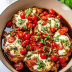 Delicious Bruschetta Chicken topped with fresh tomatoes and basil