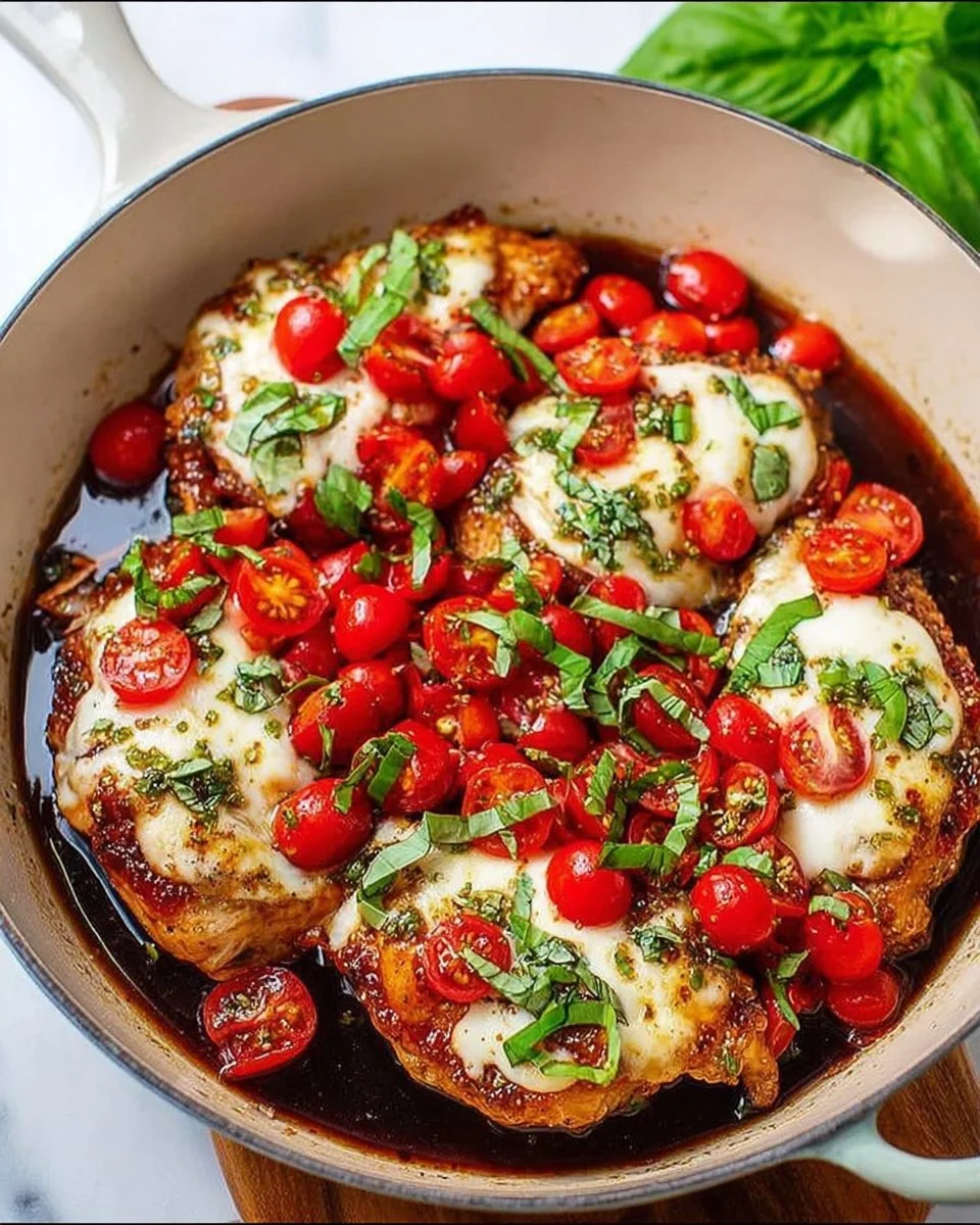 Delicious Bruschetta Chicken topped with fresh tomatoes and basil