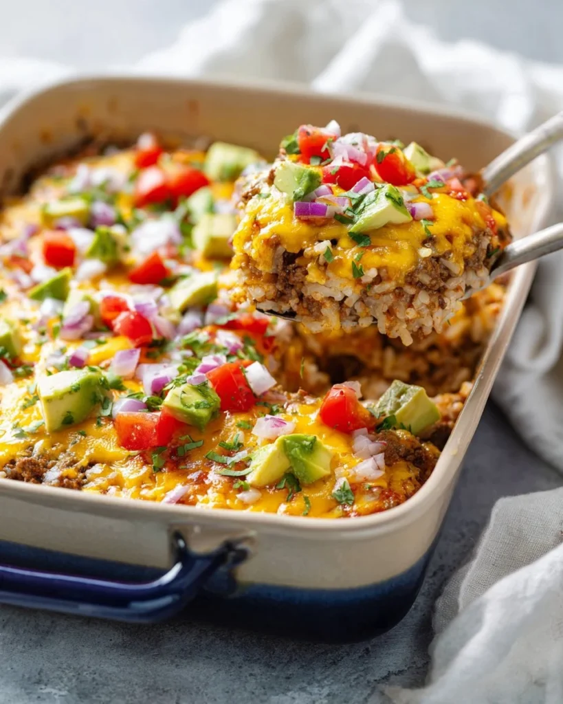 Delicious burrito casserole topped with cheese and garnish