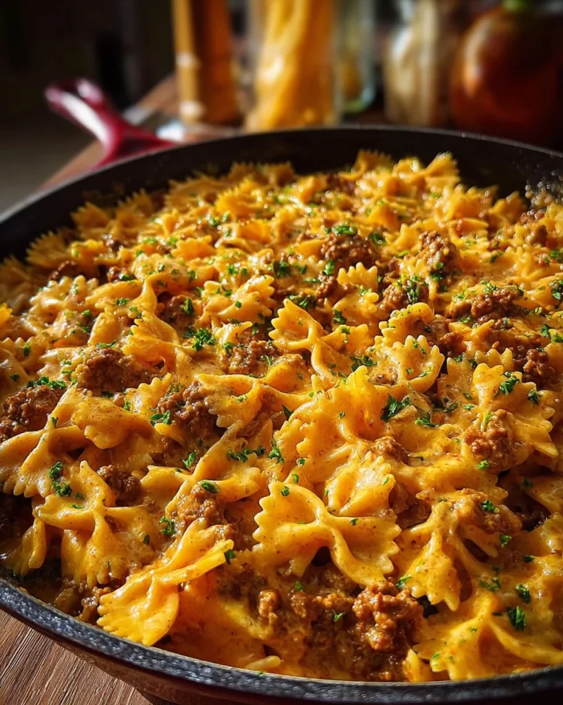Cajun Cream Cheese Alfredo Bowties topped with spiced ground beef and herbs