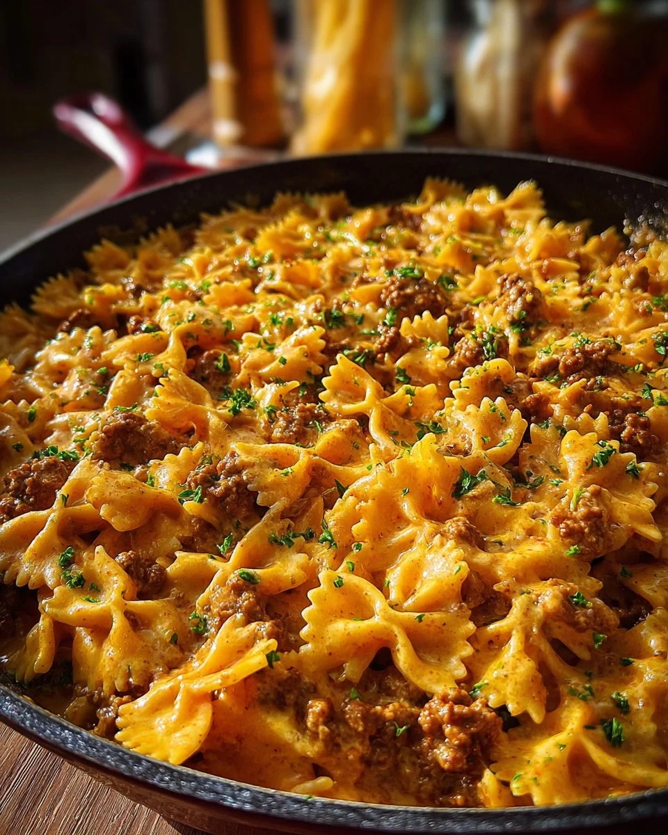 Cajun Cream Cheese Alfredo Bowties topped with spiced ground beef and herbs