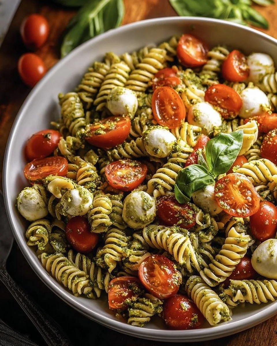 A colorful bowl of Caprese Pesto Pasta Salad with mozzarella, tomatoes, and basil.