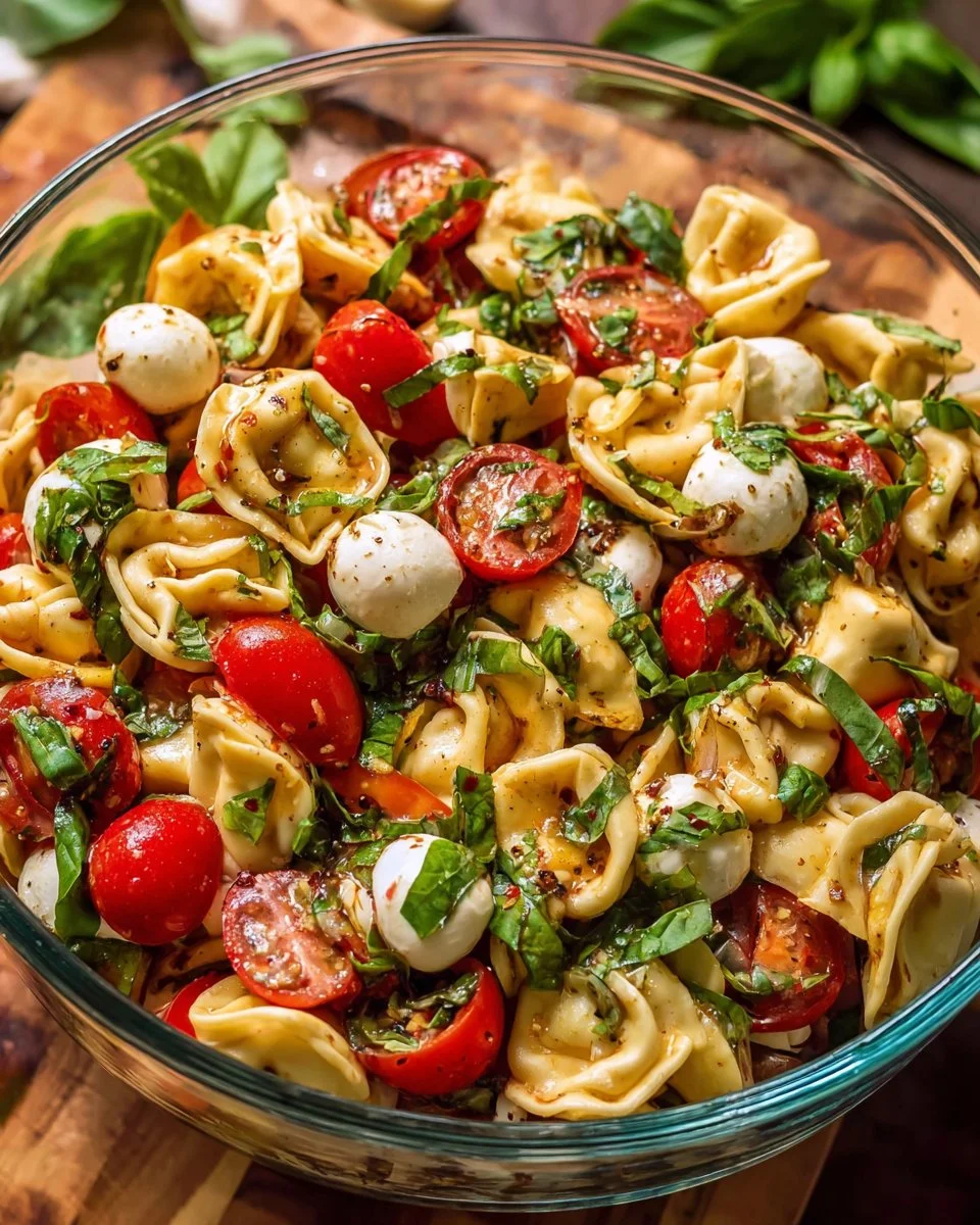 Delicious Caprese Salad with Tortellini, featuring fresh basil, tomatoes, and mozzarella.