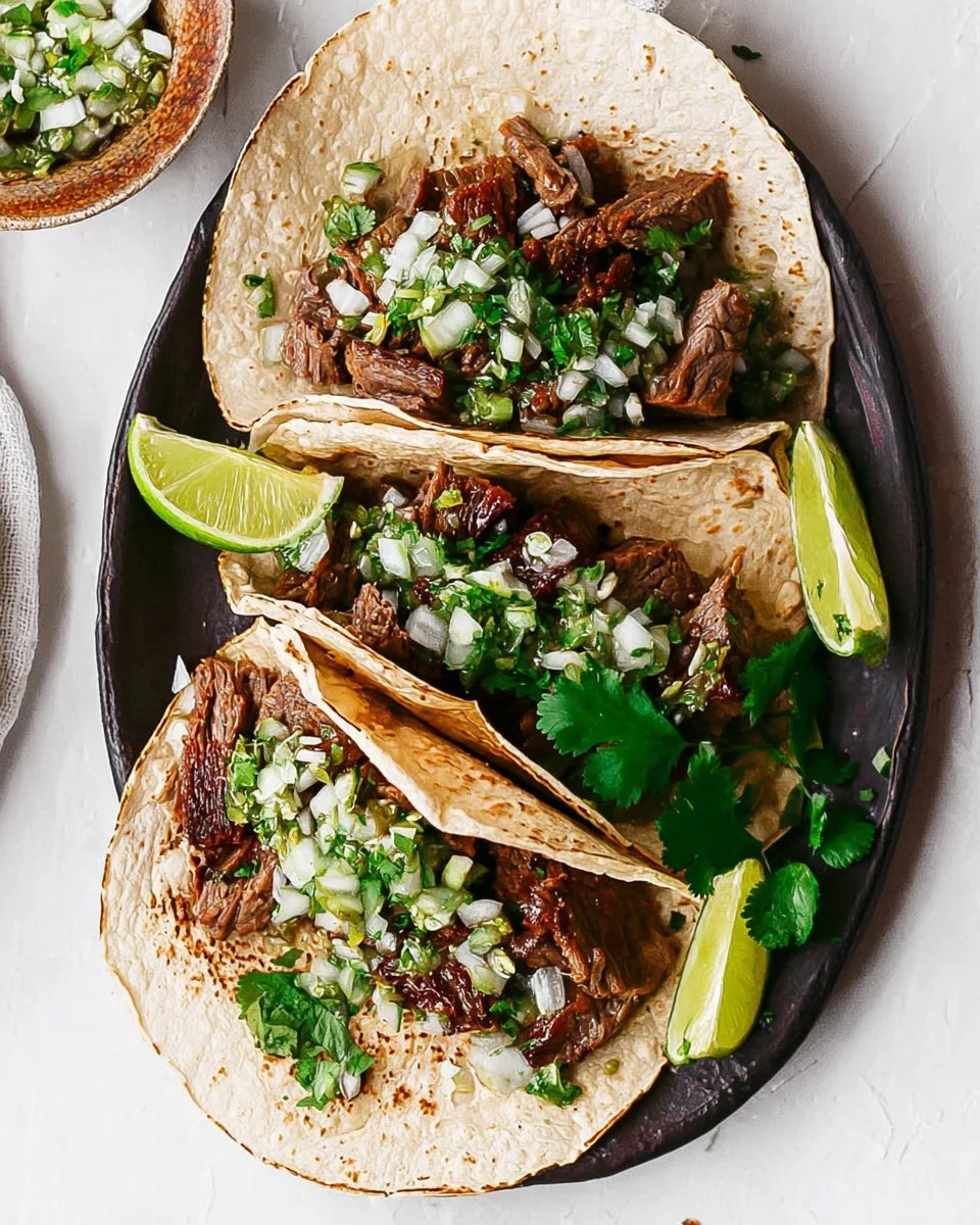 Delicious Carne Asada Tacos with avocados and Cotija cheese