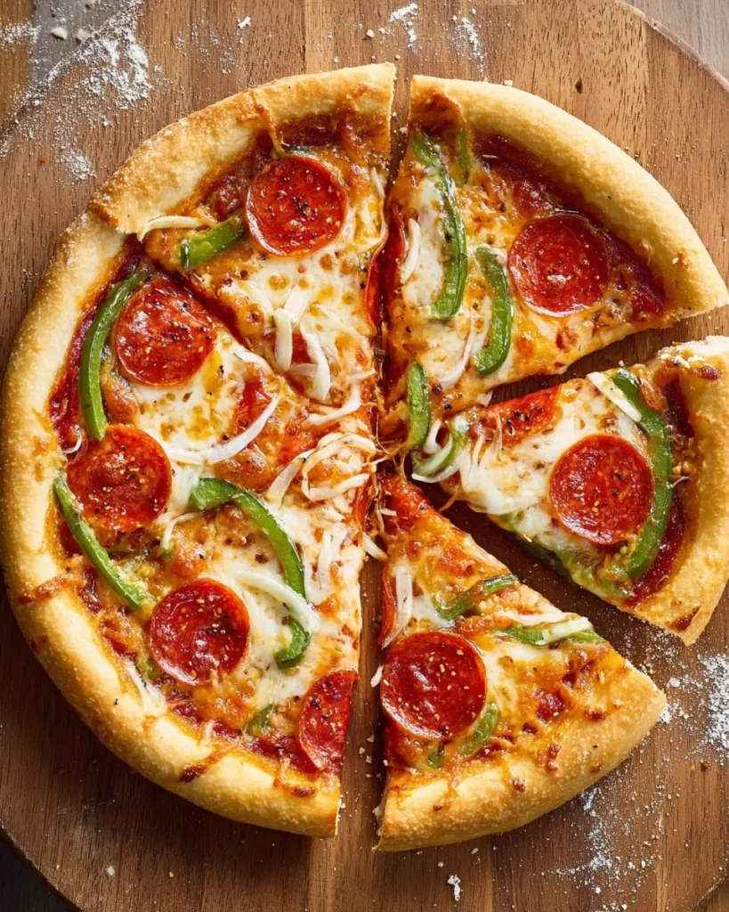 Delicious cast iron skillet pizza topped with cheese and fresh ingredients.