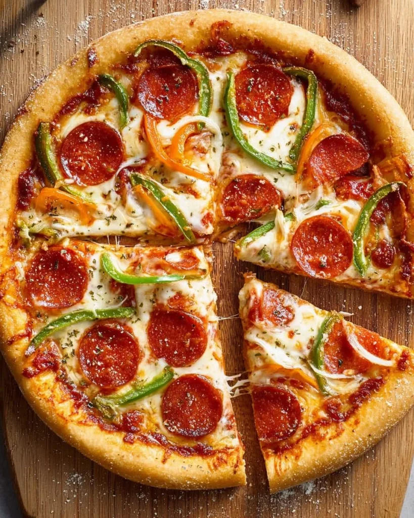 Delicious cast iron skillet pizza topped with fresh ingredients