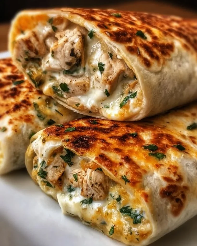 Cheesy chicken garlic wraps that are crispy and juicy, ready to enjoy.