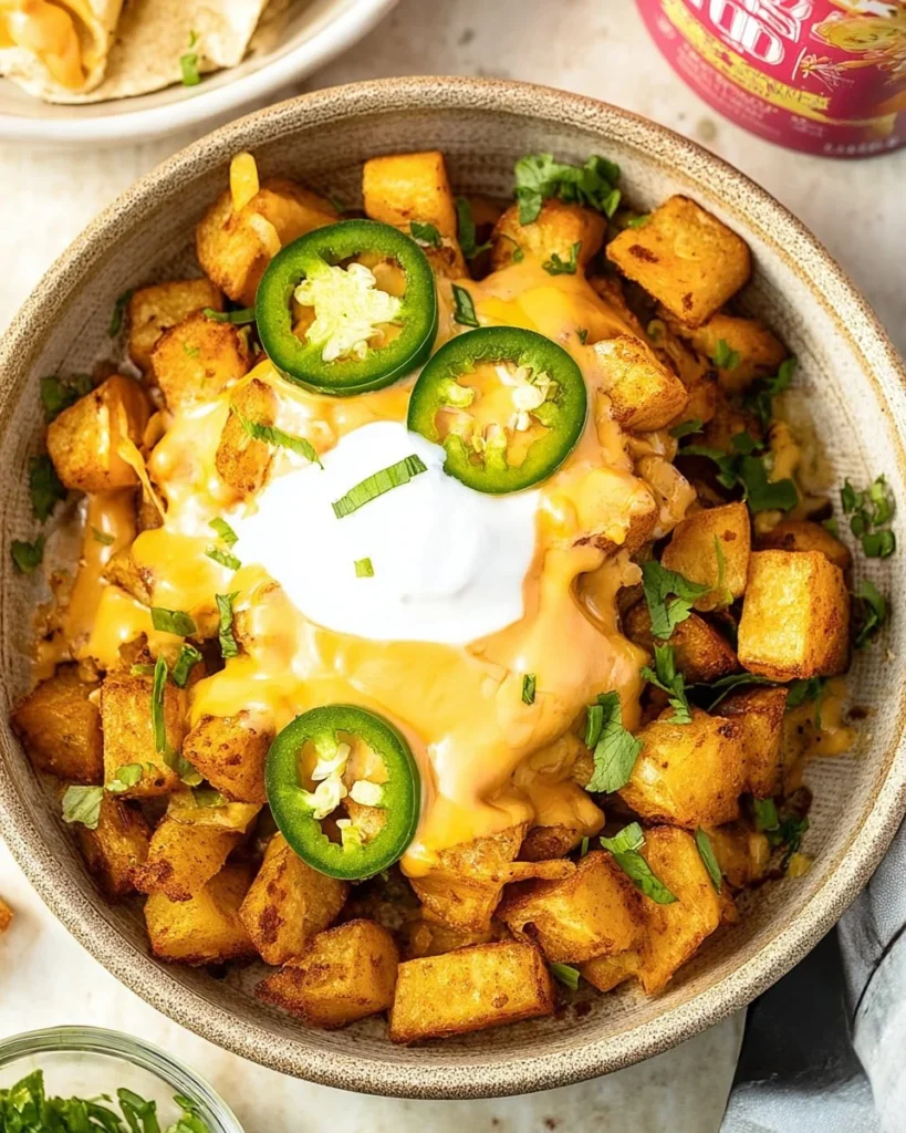 Delicious Cheesy Fiesta Potatoes topped with cheese and spices
