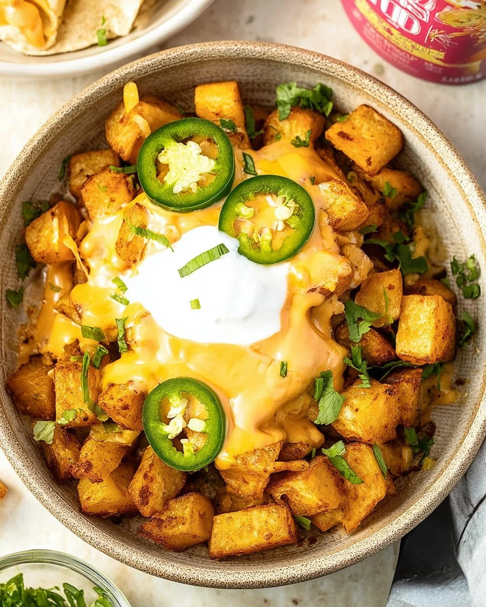 Delicious Cheesy Fiesta Potatoes topped with cheese and spices