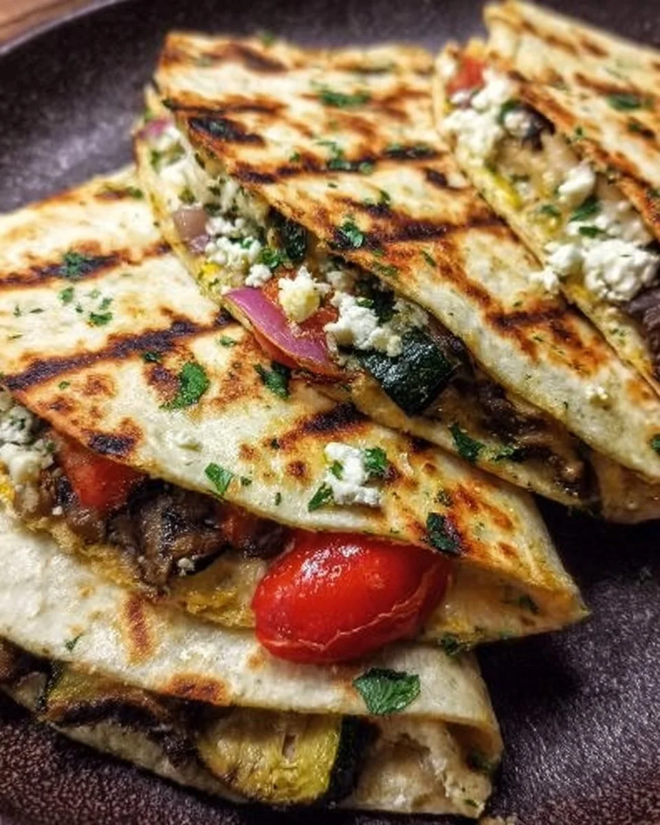 Cheesy grilled Mediterranean veggie quesadillas served with fresh toppings