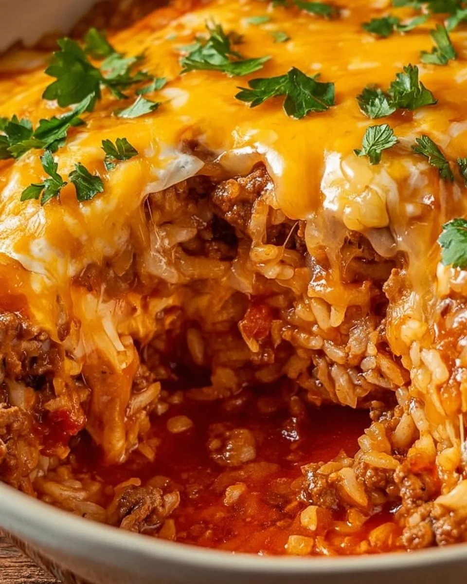 Cheesy ground beef and rice casserole topped with melted cheese