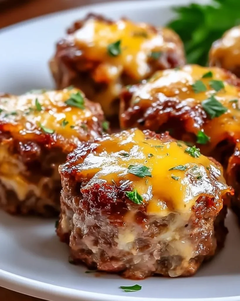 Cheesy stuffed meatloaf bites served on a plate with dipping sauce