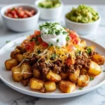 Cheesy taco potatoes topped with cheese and garnished with fresh herbs