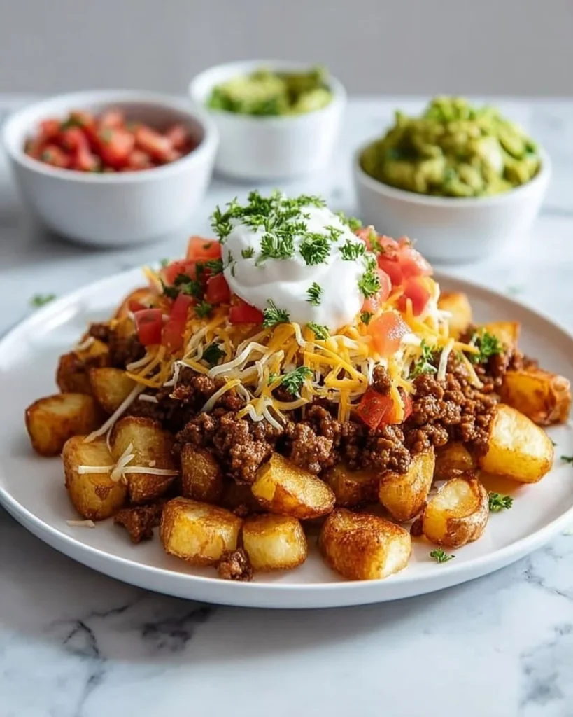 Cheesy taco potatoes topped with cheese and garnished with fresh herbs