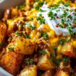 Plate of Cheesy Taco Potatoes topped with fresh herbs and spices