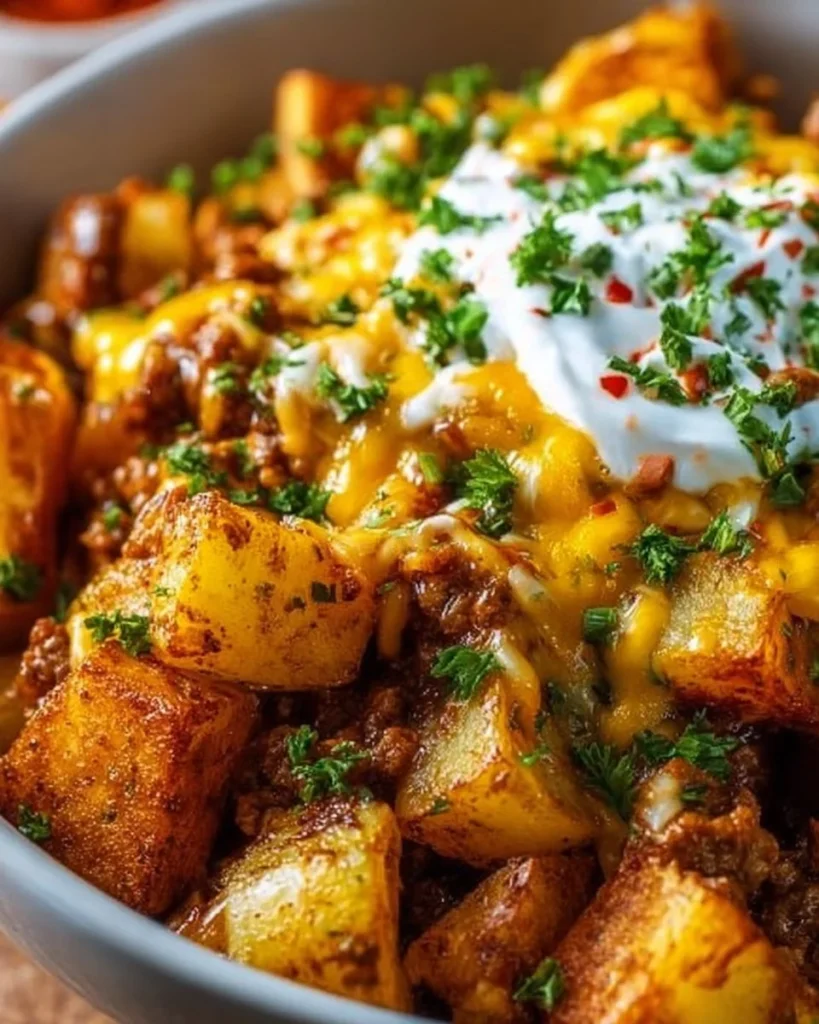 Plate of Cheesy Taco Potatoes topped with fresh herbs and spices