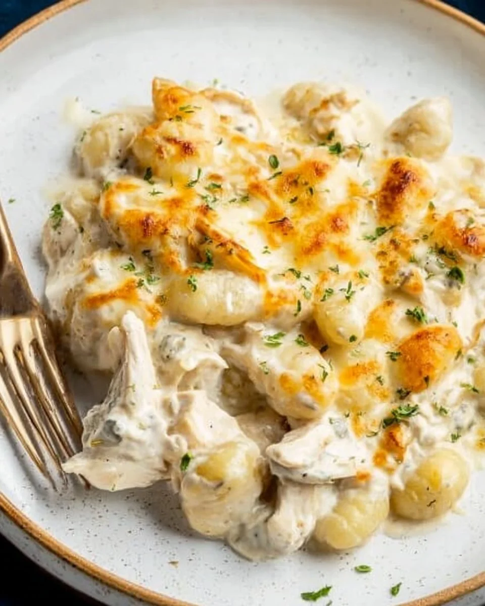 Chicken Alfredo Gnocchi Bake topped with cheese and herbs, baked to perfection.