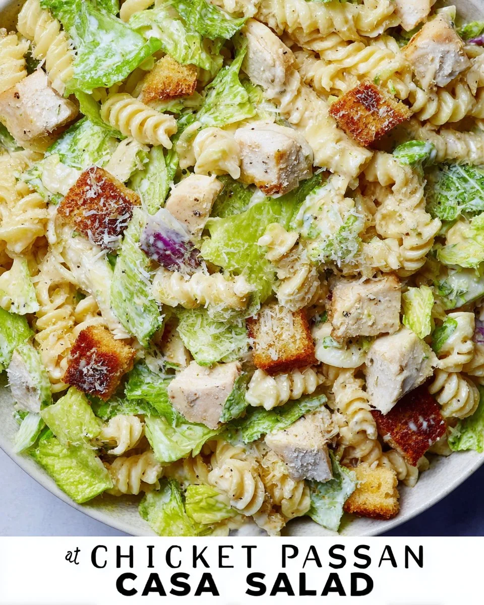 Delicious Chicken Caesar Pasta Salad topped with parmesan and croutons