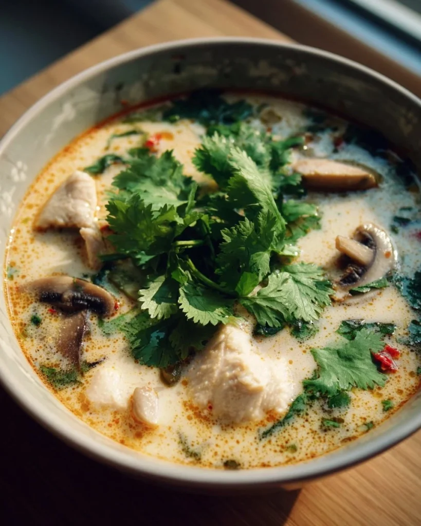 Delicious chicken coconut soup in a bowl garnished with fresh herbs