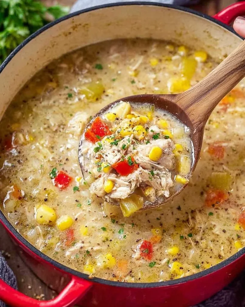 Bowl of creamy Chicken Corn Chowder with corn and chicken pieces