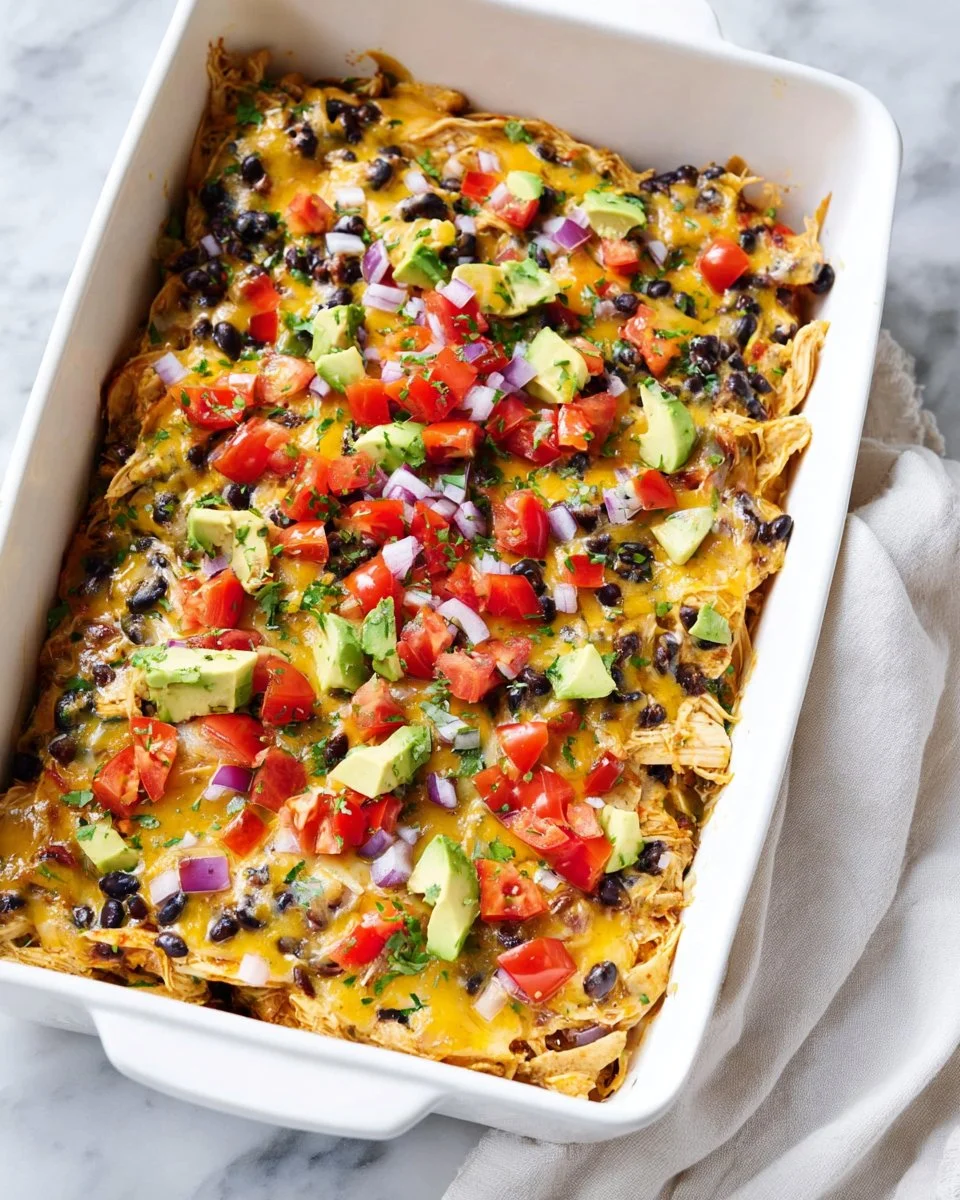 Delicious chicken enchilada casserole topped with cheese and fresh ingredients
