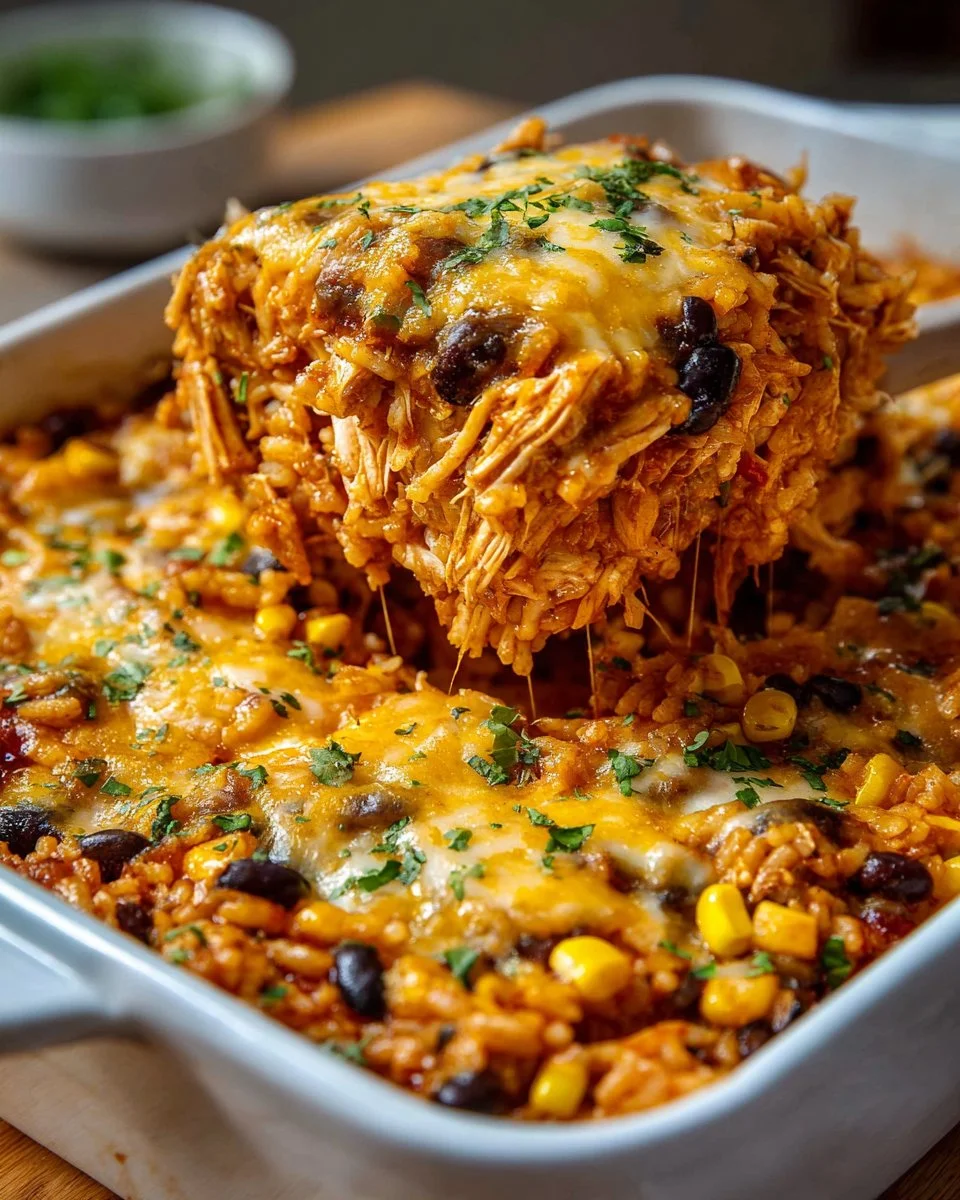 Delicious Chicken Enchilada Rice Casserole topped with cheese and herbs