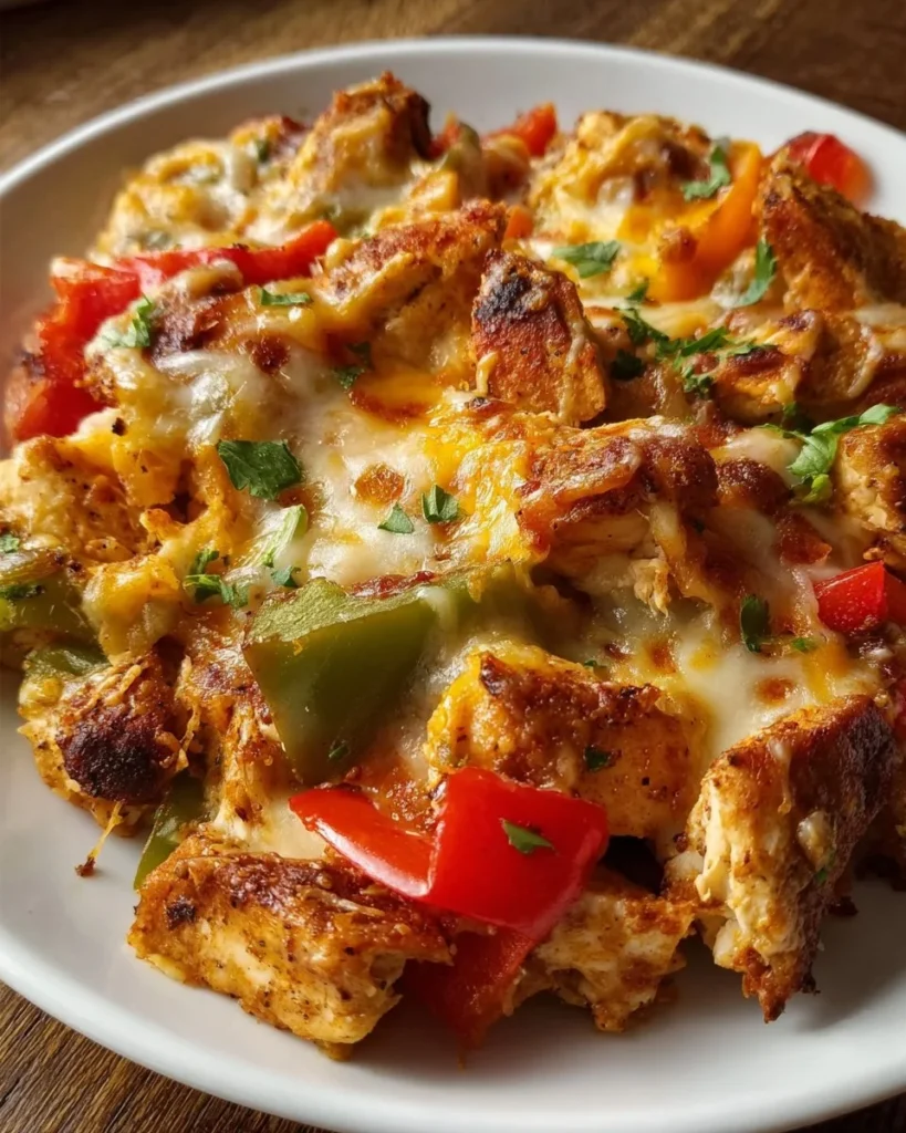 A delicious Chicken Fajita Casserole topped with melted cheese and colorful peppers.