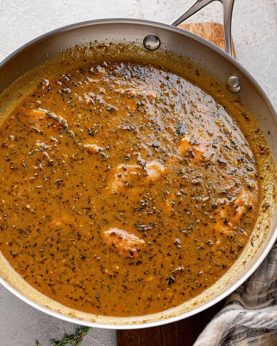 Delicious Chicken Pan Sauce drizzled over roasted chicken and vegetables.