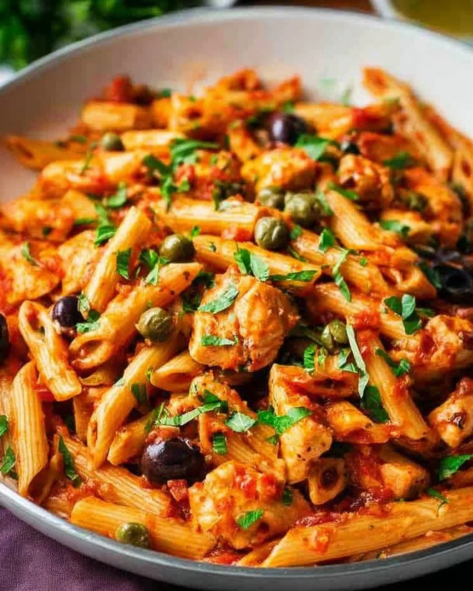 Plate of Chicken Pasta Puttanesca with olives, tomatoes, and capers