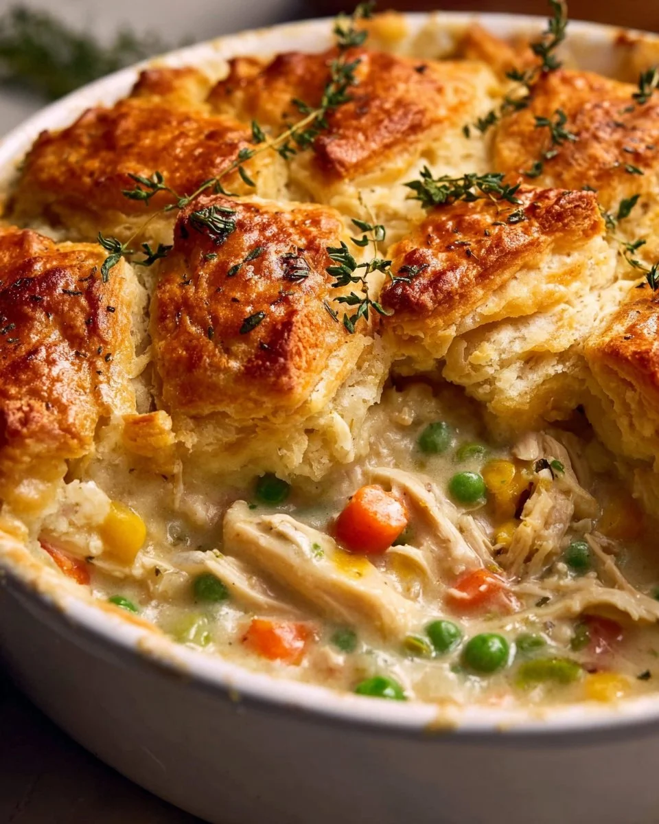 Delicious Chicken Pot Pie Casserole topped with golden crust and creamy filling.
