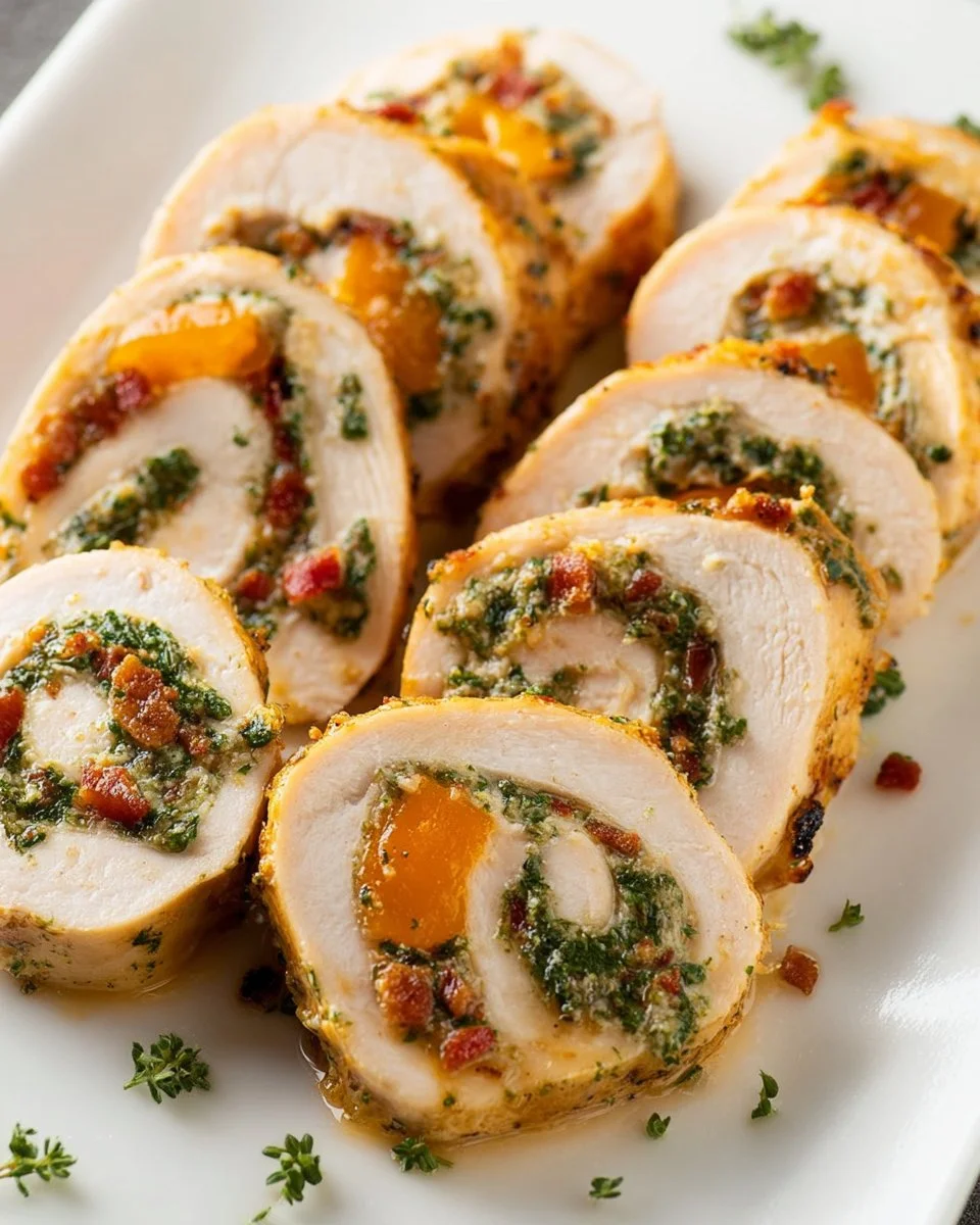 Delicious Chicken Roulade dish served on a plate with fresh herbs.